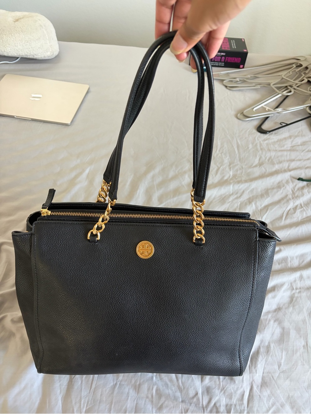 Tory Burch Black Pebbled Leather Shoulder Bag with Gold Hardware